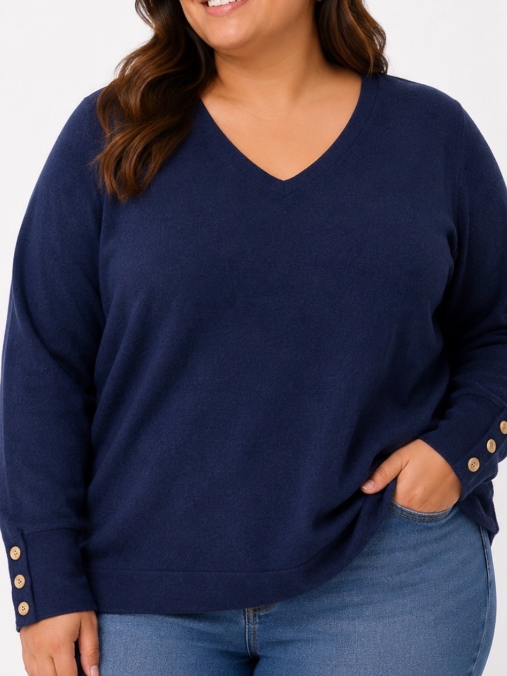 Fortune & Ivy Navy Crewneck Sweater with Button Cuff Detail SZ XL lightweight